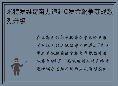 米特罗维奇奋力追赶C罗金靴争夺战激烈升级