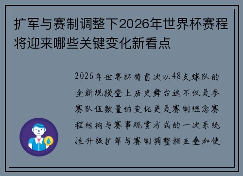 扩军与赛制调整下2026年世界杯赛程将迎来哪些关键变化新看点