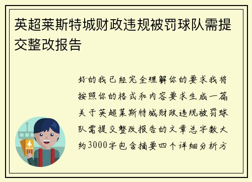 英超莱斯特城财政违规被罚球队需提交整改报告